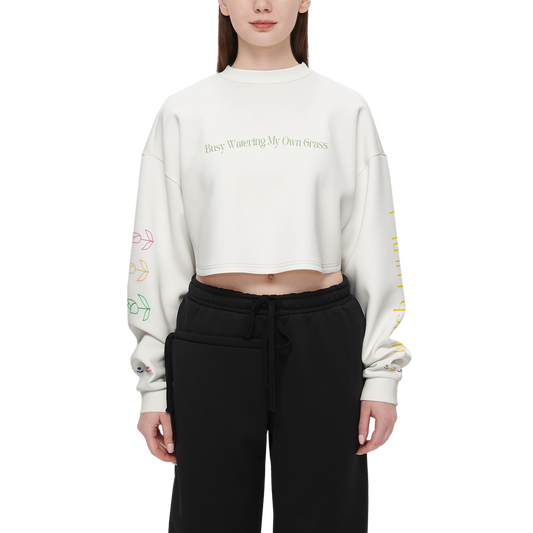 Watch Hill Rhode, Women's Cropped Crewneck Sweatshirt- Busy Watering My Own Grass
