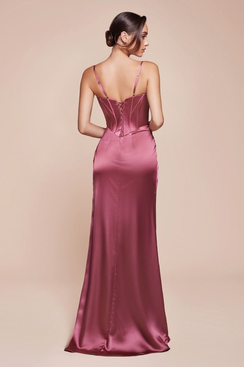 Fitted Satin Bustier Draped Side Slit Long Evening Dress CD7495-10