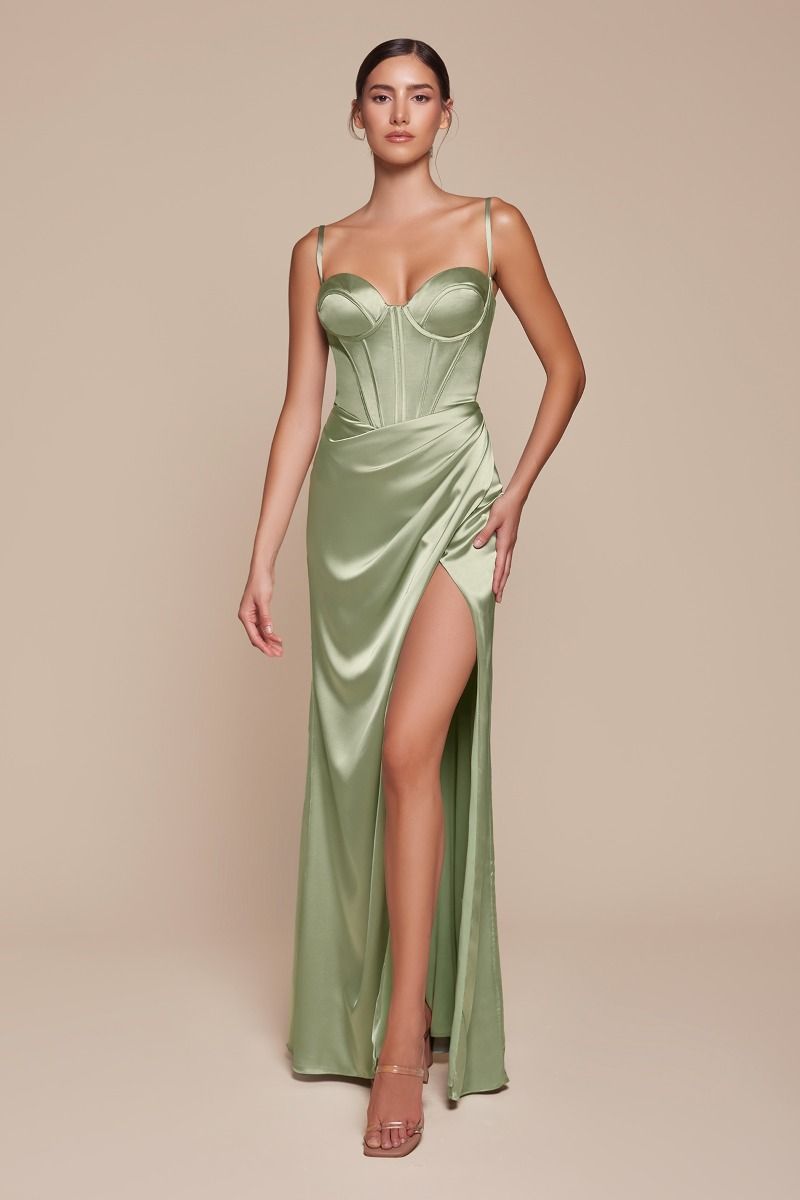 Fitted Satin Bustier Draped Side Slit Long Evening Dress CD7495-3