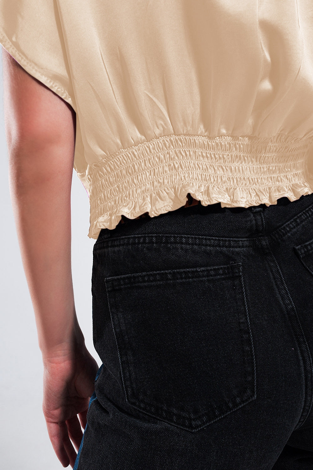 Short Sleeve Cropped Satin Top in Beige-5