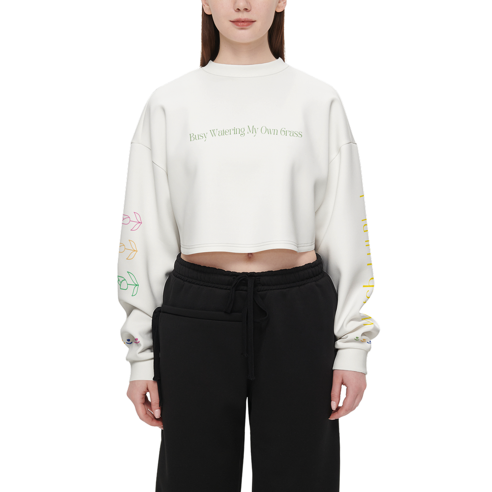 Watch Hill Rhode, Women's Cropped Crewneck Sweatshirt- Busy Watering My Own Grass