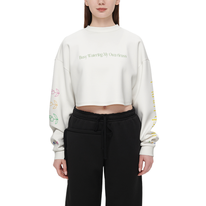 Watch Hill Rhode, Women's Cropped Crewneck Sweatshirt- Busy Watering My Own Grass
