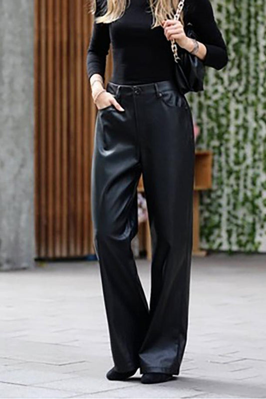 Chloe Women's Real Leather High Waist Pants Black-1
