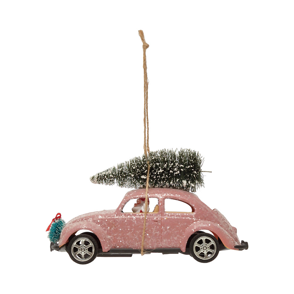 Pink VW Beetle Bug w/ Bottle Brush Tree Ornament-0