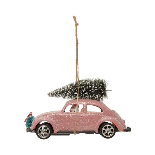 Pink VW Beetle Bug w/ Bottle Brush Tree Ornament-0