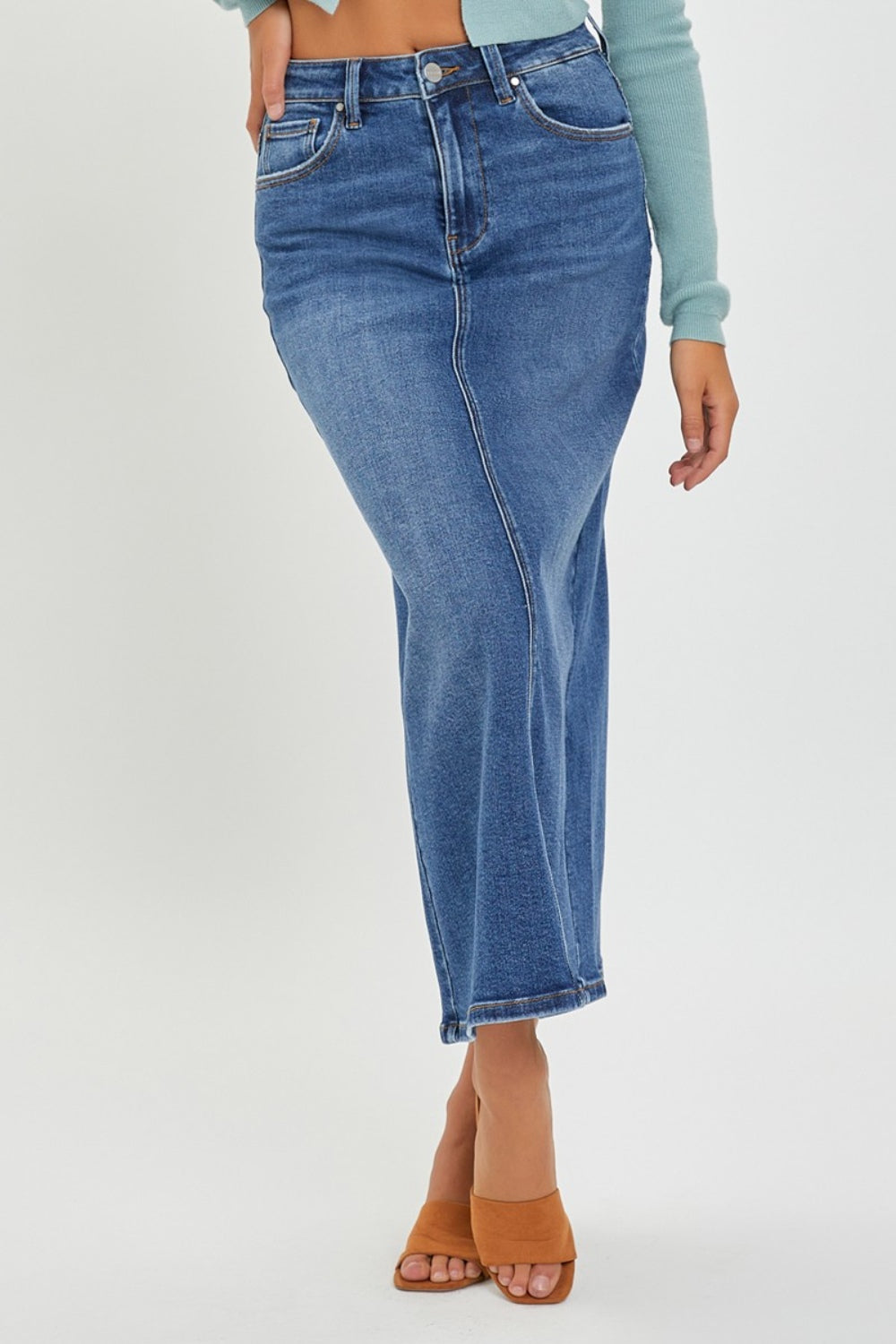 RISEN High Rise Back Slit Denim Skirt-3