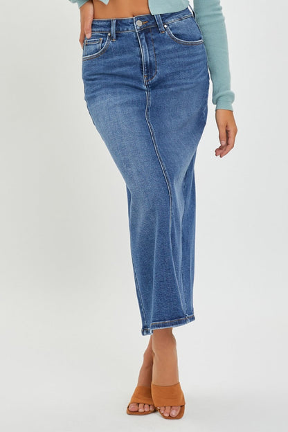RISEN High Rise Back Slit Denim Skirt-3