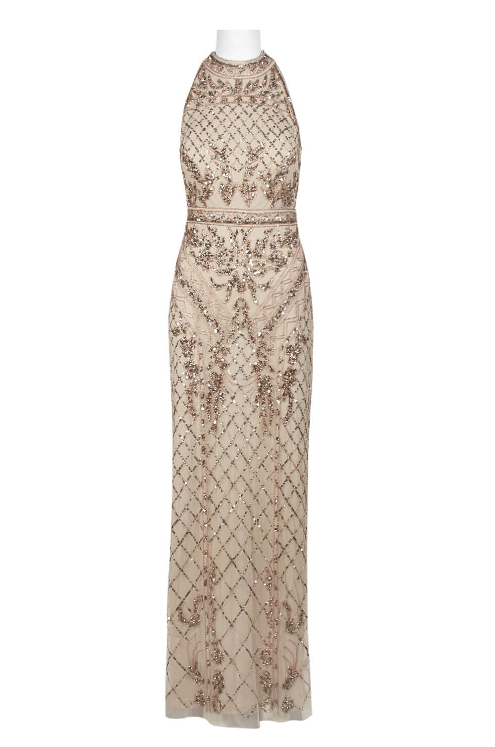 Adrianna Papell Halter Neck Racer Back Slit Back Embellished Mesh Dress-0