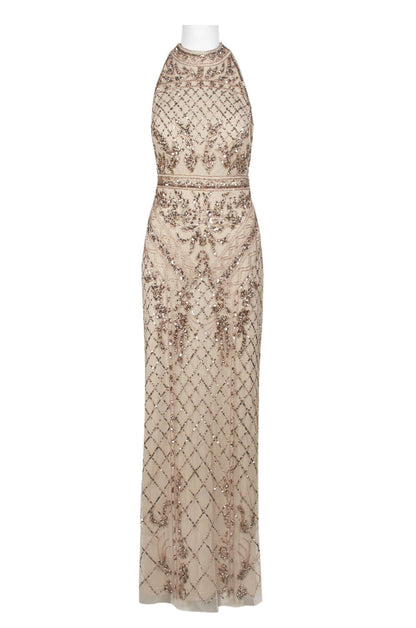 Adrianna Papell Halter Neck Racer Back Slit Back Embellished Mesh Dress-0