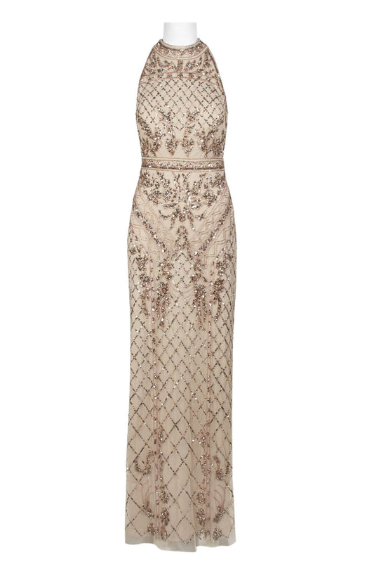 Adrianna Papell Halter Neck Racer Back Slit Back Embellished Mesh Dress-0