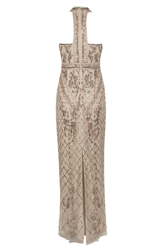 Adrianna Papell Halter Neck Racer Back Slit Back Embellished Mesh Dress-1
