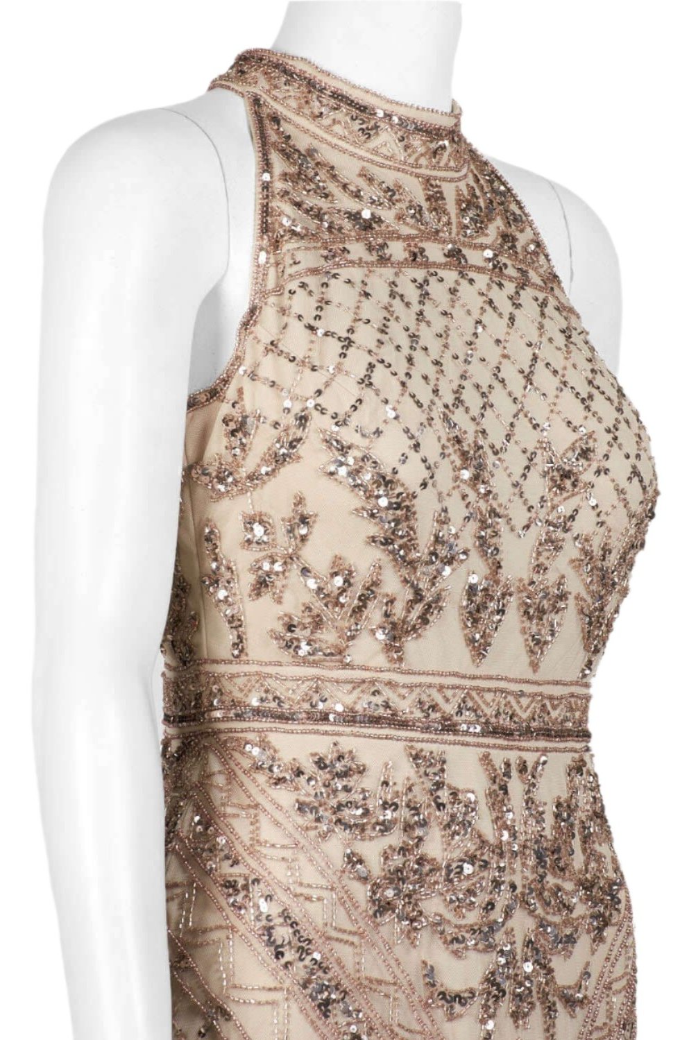 Adrianna Papell Halter Neck Racer Back Slit Back Embellished Mesh Dress-2