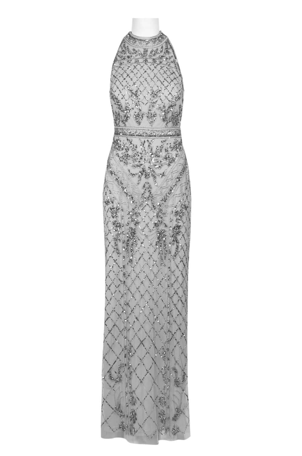 Adrianna Papell Halter Neck Racer Back Slit Back Embellished Mesh Dress-3