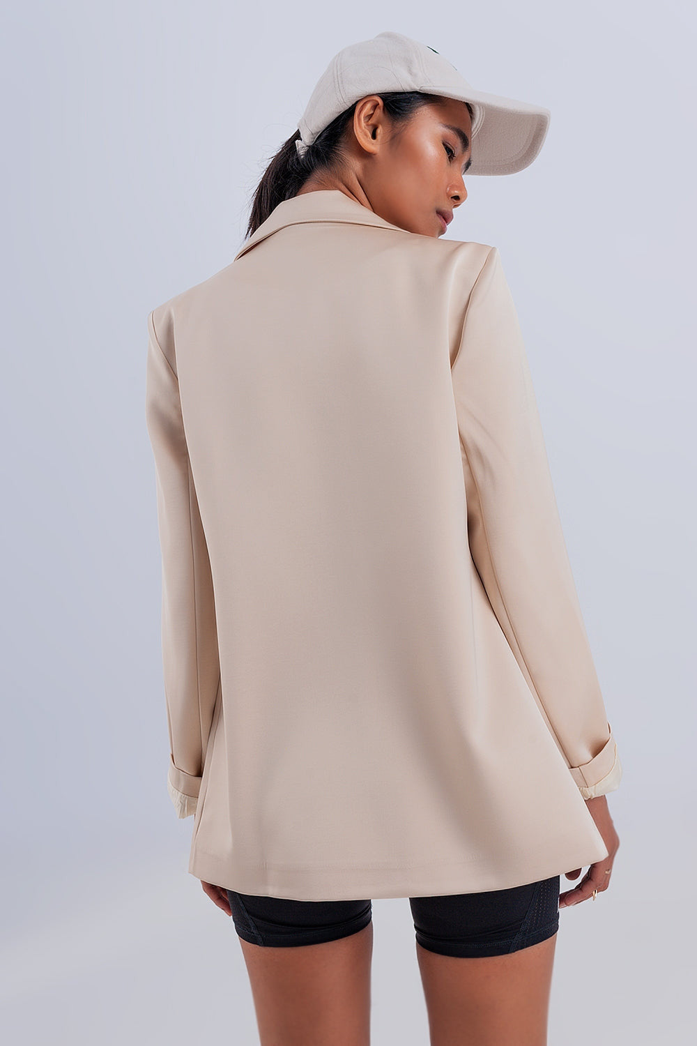Double Breasted Satin Blazer in Beige-2