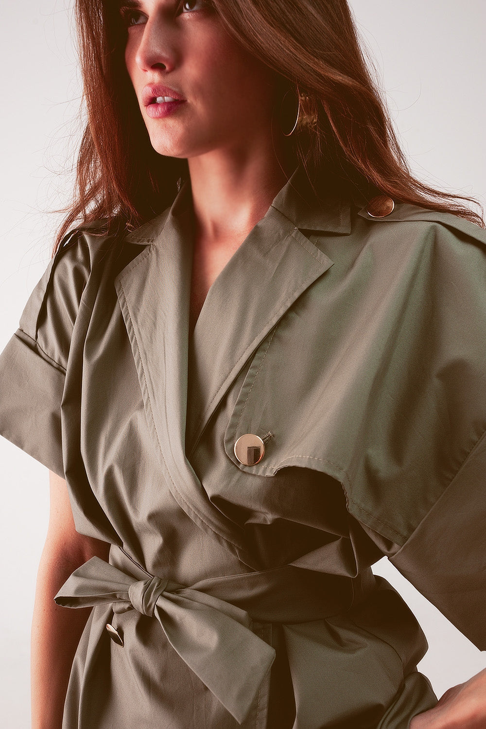 Belted Jacket With Drop Shoulder in Khaki-4