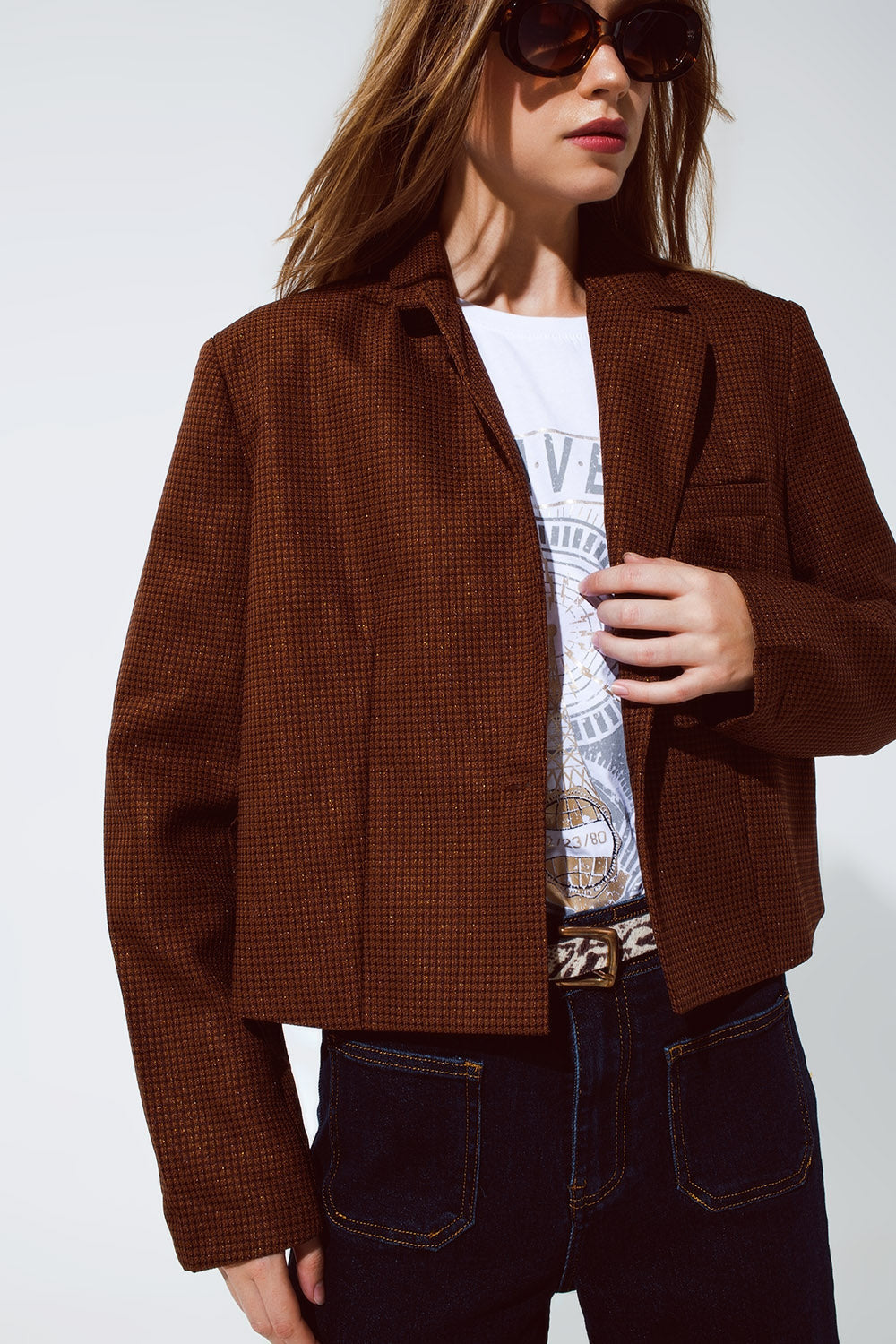 Oversized Cropped Blazer Vichy Design and Metallic Details in Brown-5