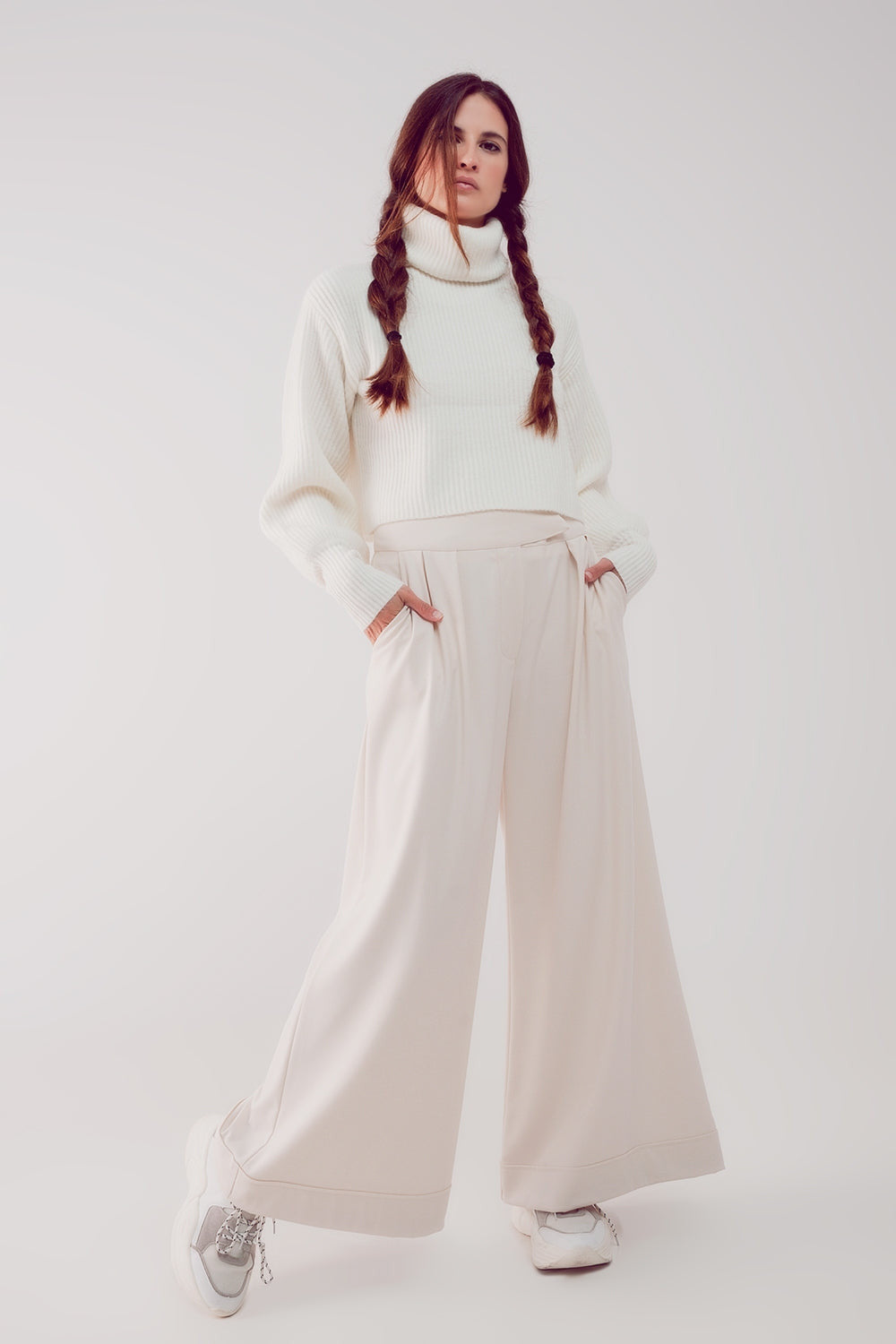 High Neck Jumper With Balloon Sleeve in Cream-2