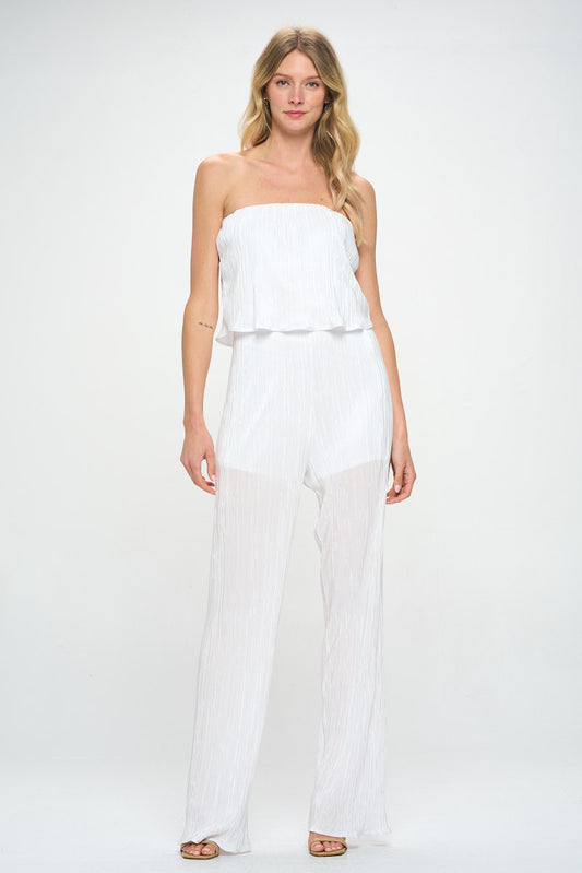 Plisse Solid Strapless Straight Leg Jumpsuit-2