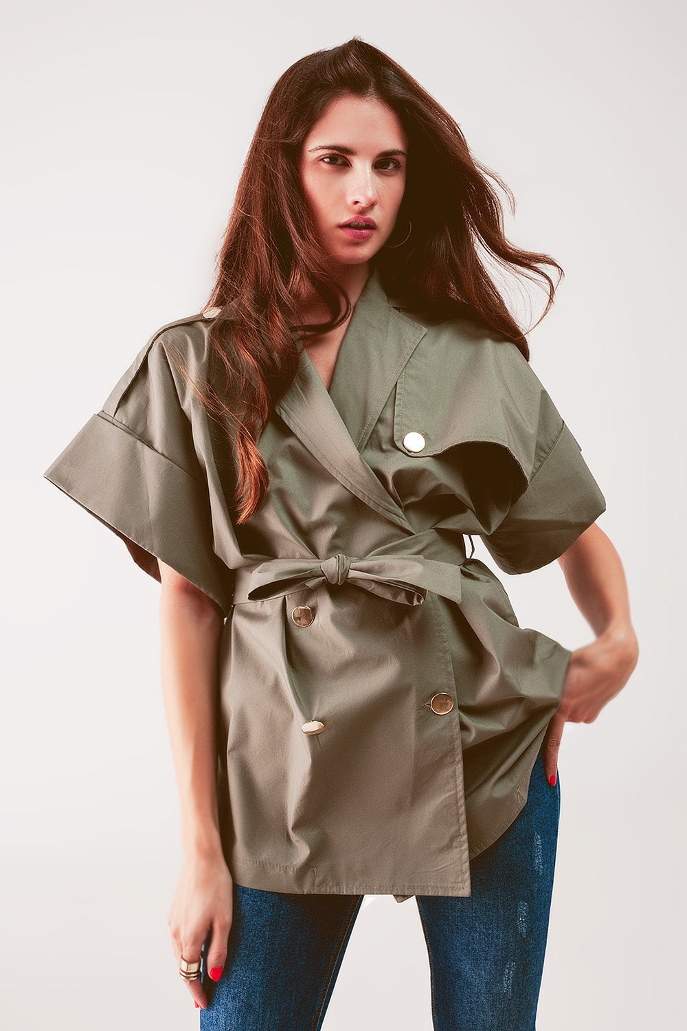 Belted Jacket With Drop Shoulder in Khaki-1