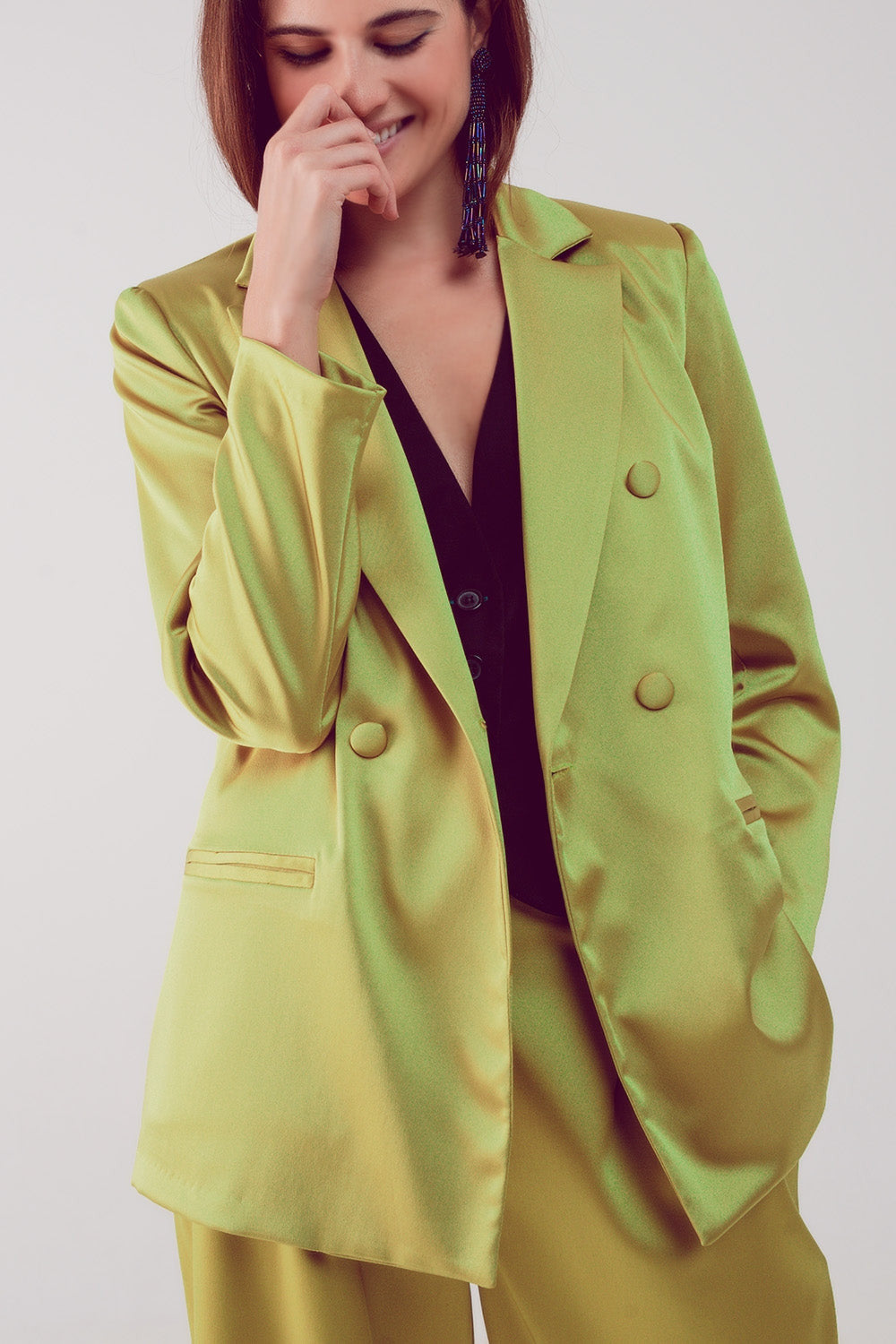 Satin Tailored Double Breast Blazer in Lime-4