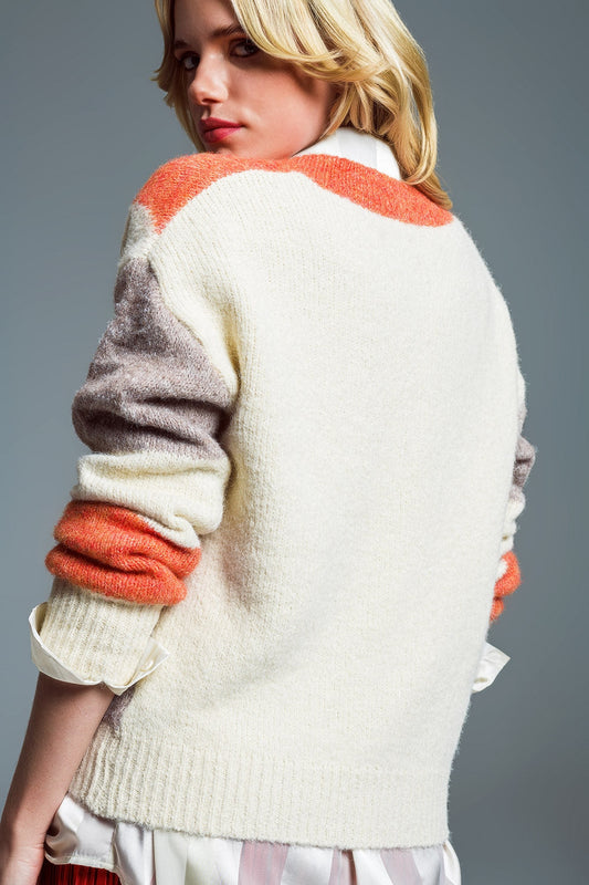 Long Sleeve Eighties Printed V-Neck Sweater in Orange-3
