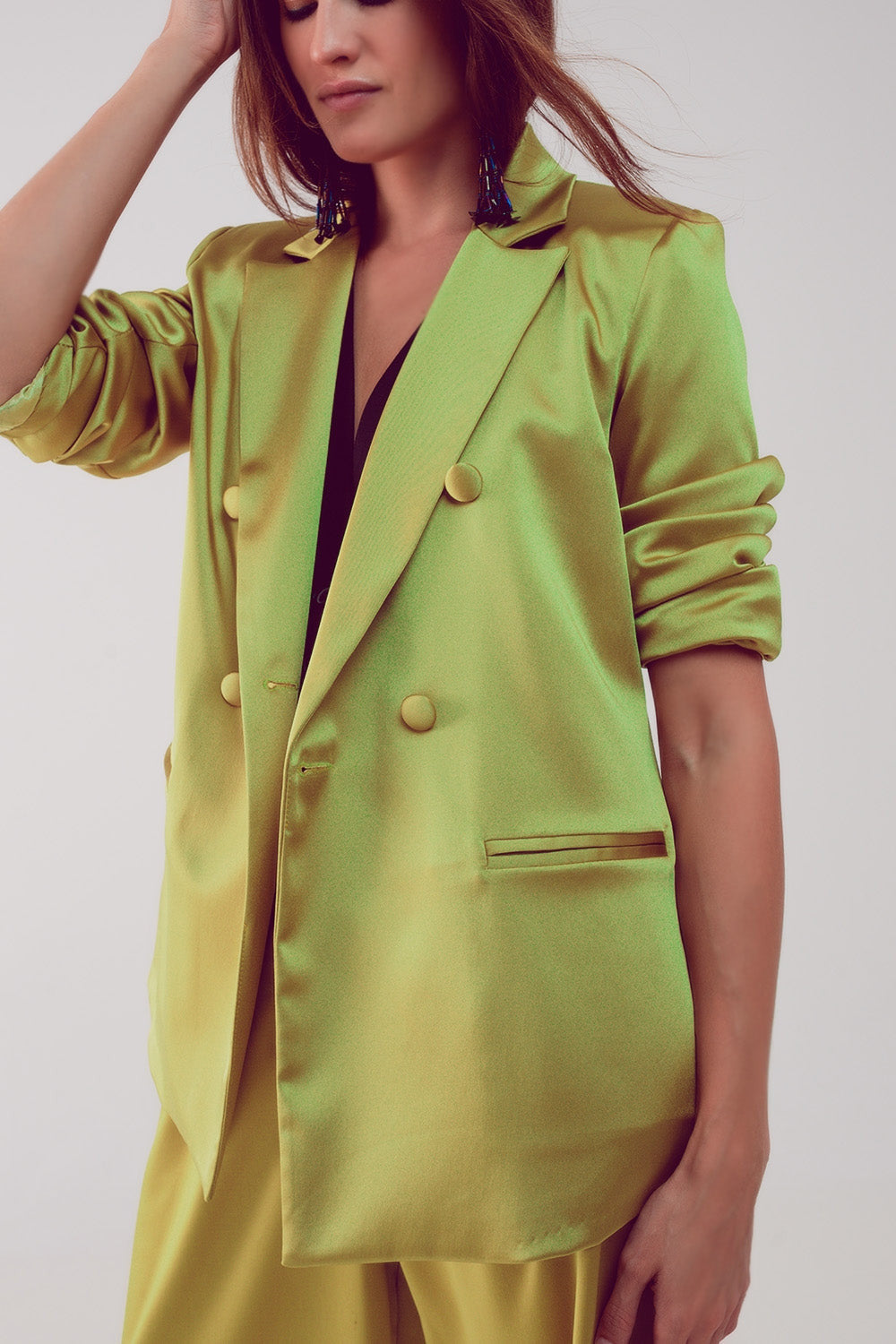 Satin Tailored Double Breast Blazer in Lime-2