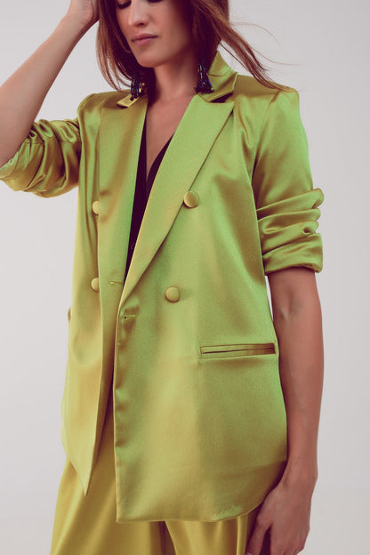 Satin Tailored Double Breast Blazer in Lime-2