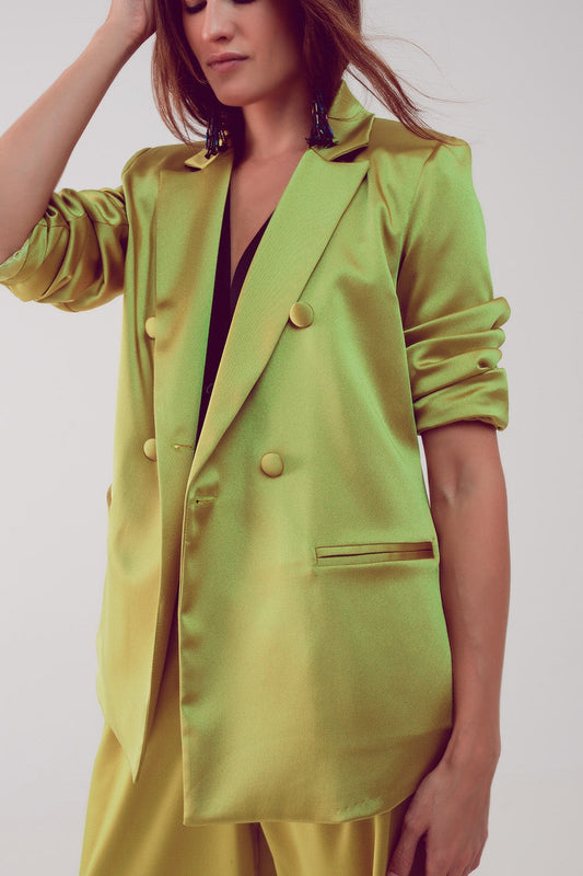 Satin Tailored Double Breast Blazer in Lime-2
