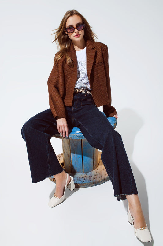 Oversized Cropped Blazer Vichy Design and Metallic Details in Brown-0