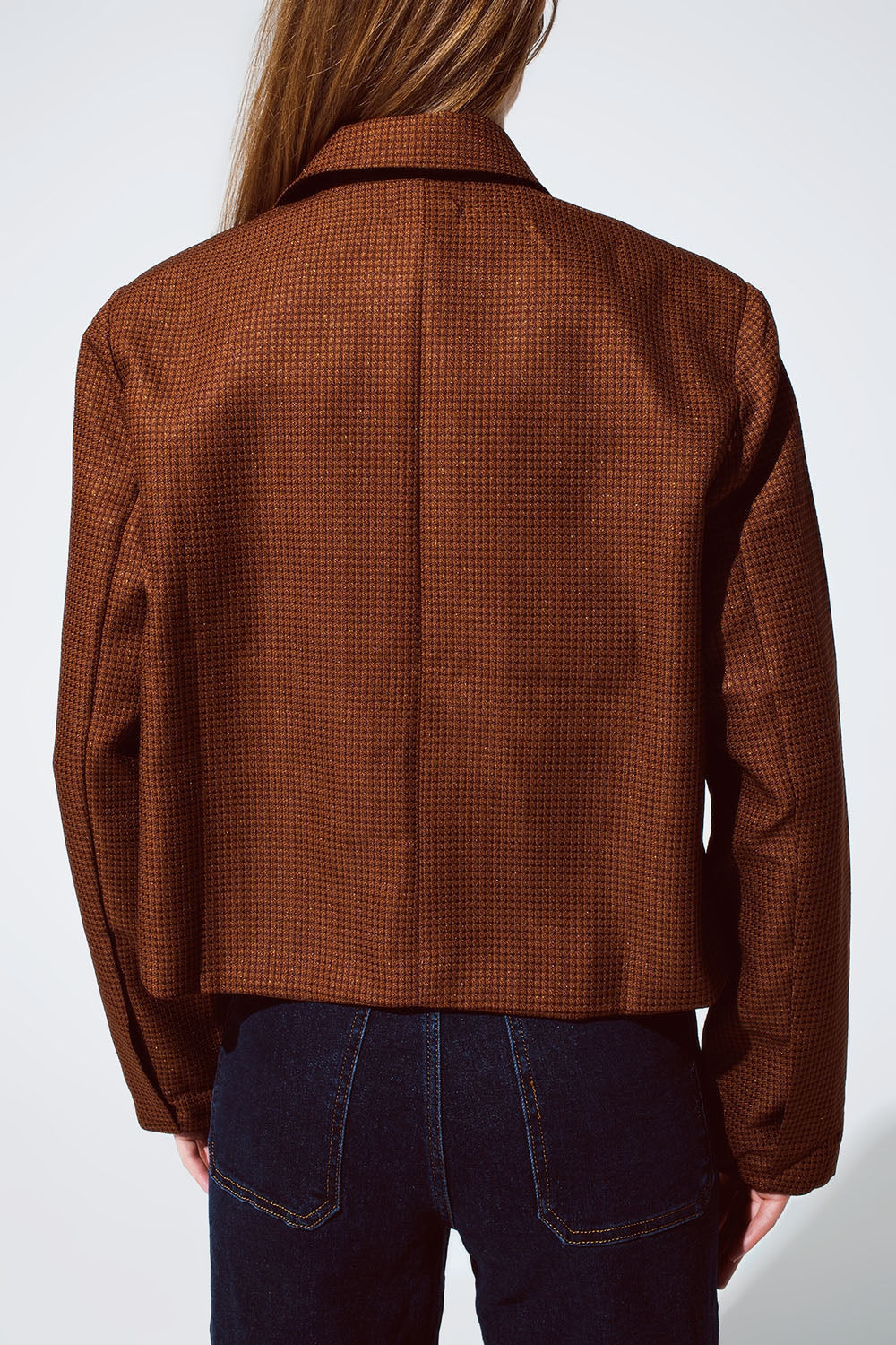 Oversized Cropped Blazer Vichy Design and Metallic Details in Brown-2