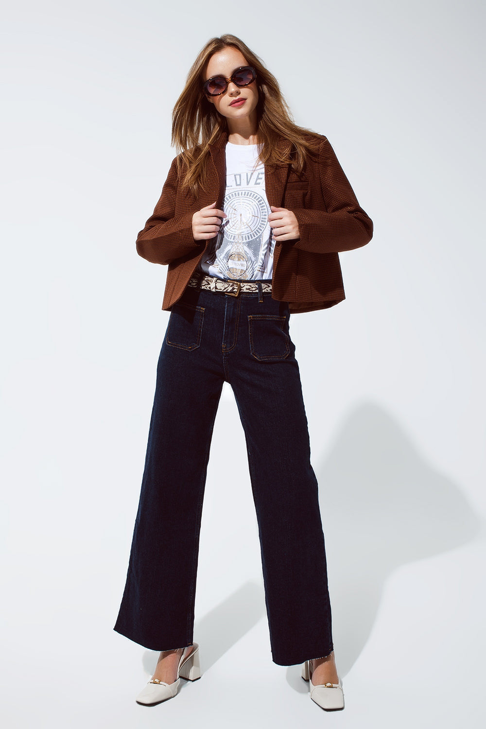Oversized Cropped Blazer Vichy Design and Metallic Details in Brown-3