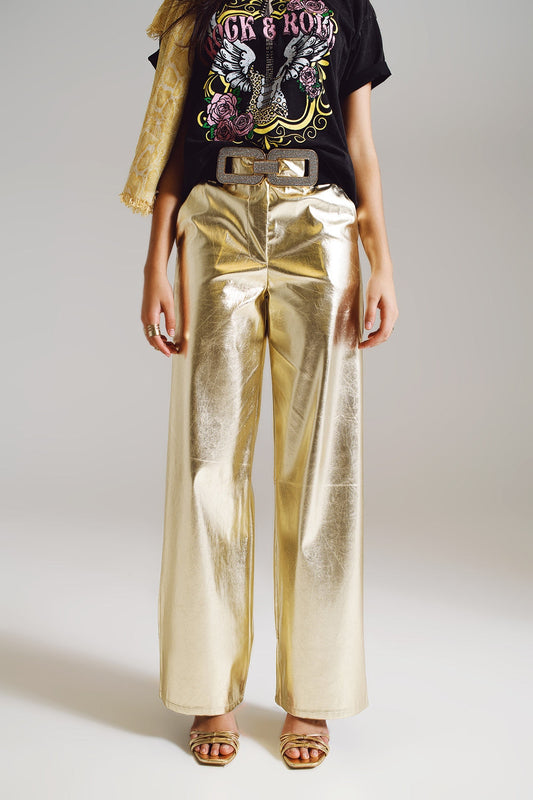 Metallic Straight Leg Pants in Gold-0