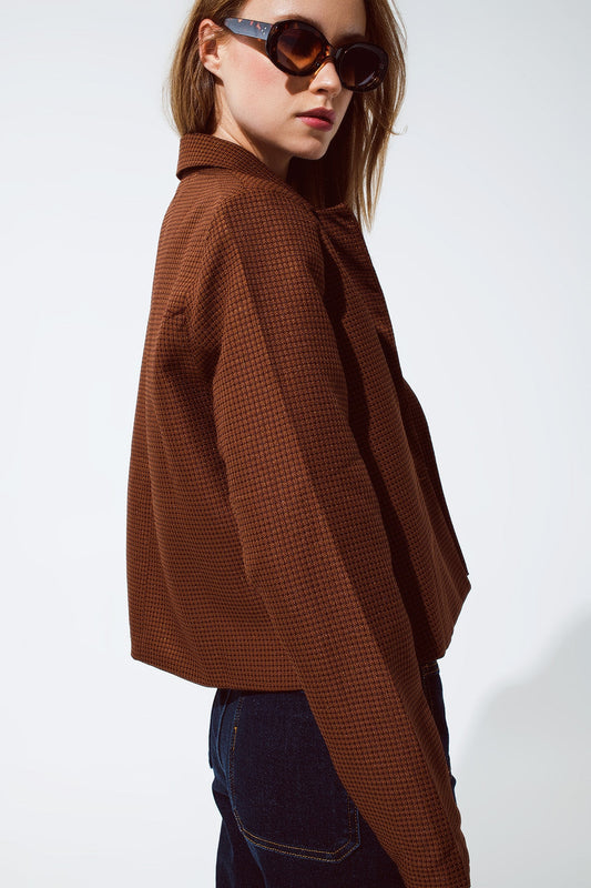 Oversized Cropped Blazer Vichy Design and Metallic Details in Brown-4