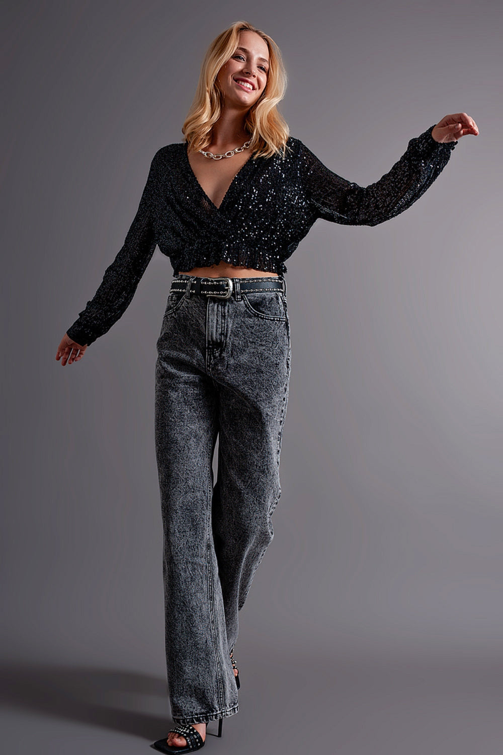 Cross Over Cropped and Sheer Top With Sequins in Black-2