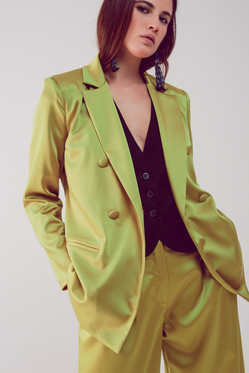 Satin Tailored Double Breast Blazer in Lime-0