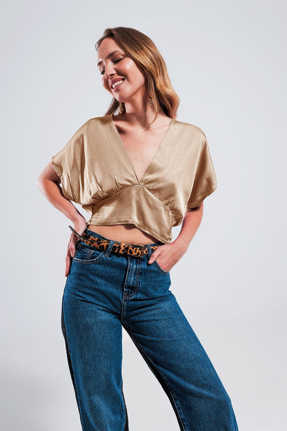 Short Sleeve Cropped Satin Top in Beige-3