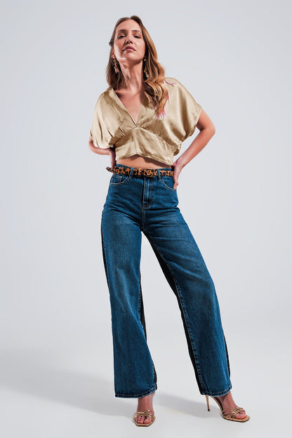 Short Sleeve Cropped Satin Top in Beige-2
