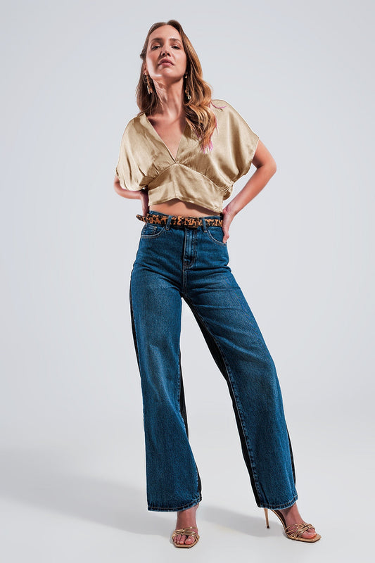 Short Sleeve Cropped Satin Top in Beige-2