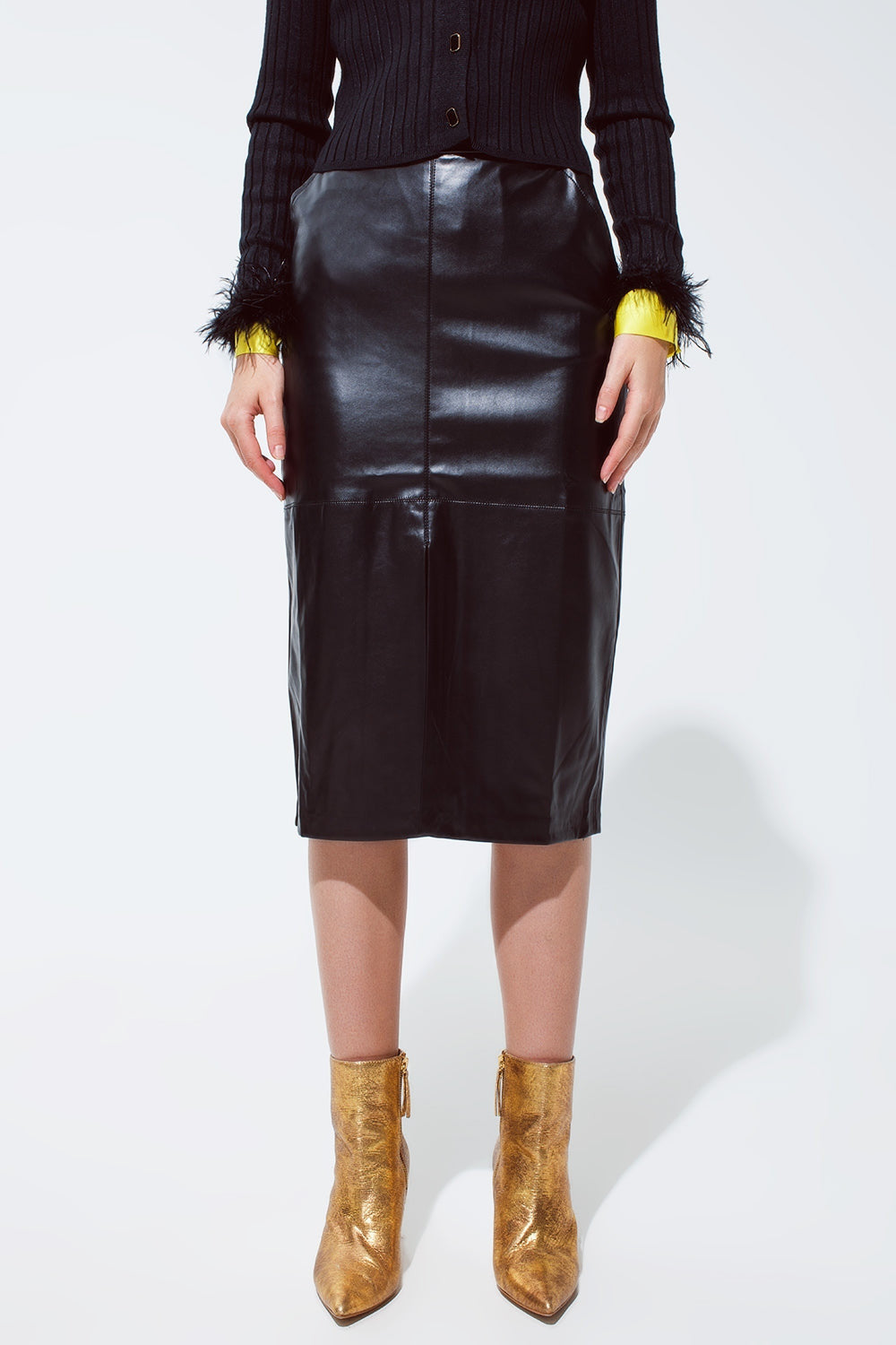 Black Leatherette Pencil Cut Skirt-2