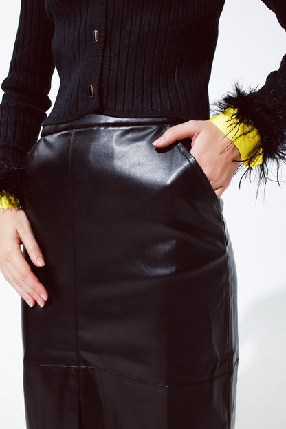 Black Leatherette Pencil Cut Skirt-5