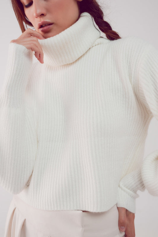 High Neck Jumper With Balloon Sleeve in Cream-0