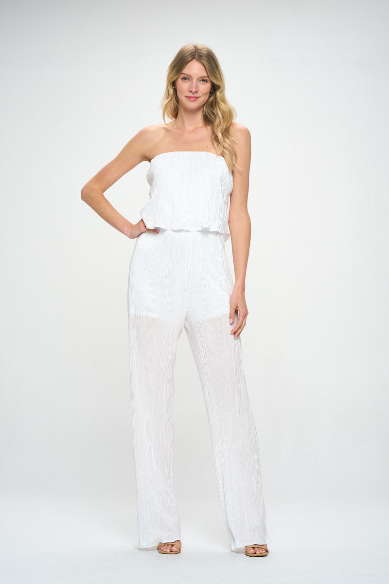 Plisse Solid Strapless Straight Leg Jumpsuit-1