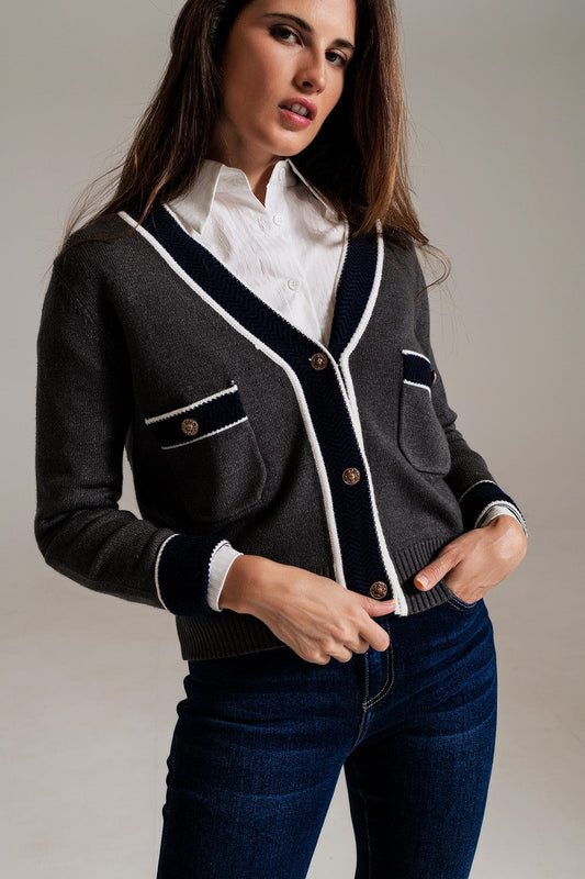 Gray Cardigan With Pockets and Channel Style-0