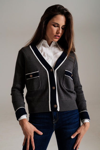 Gray Cardigan With Pockets and Channel Style-3