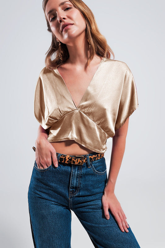 Short Sleeve Cropped Satin Top in Beige-0