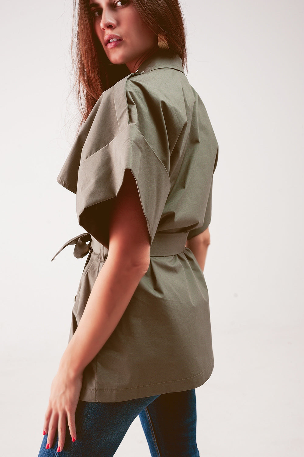 Belted Jacket With Drop Shoulder in Khaki-2