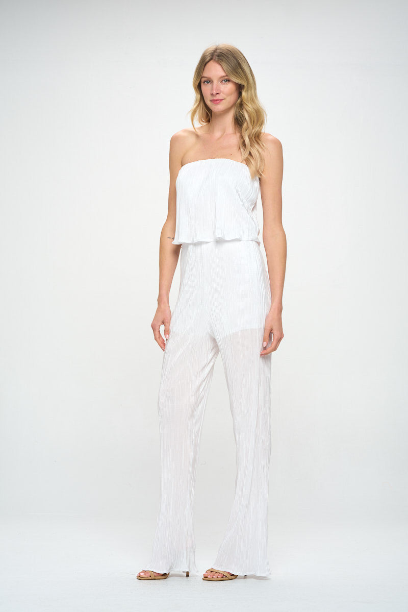 Plisse Solid Strapless Straight Leg Jumpsuit-3