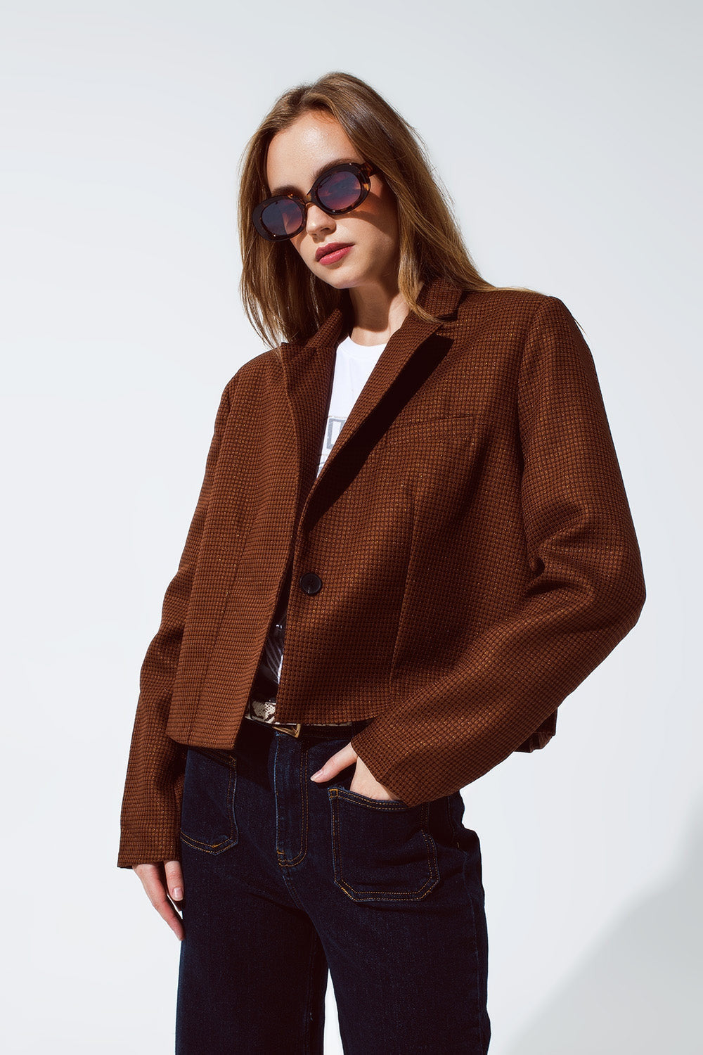 Oversized Cropped Blazer Vichy Design and Metallic Details in Brown-1