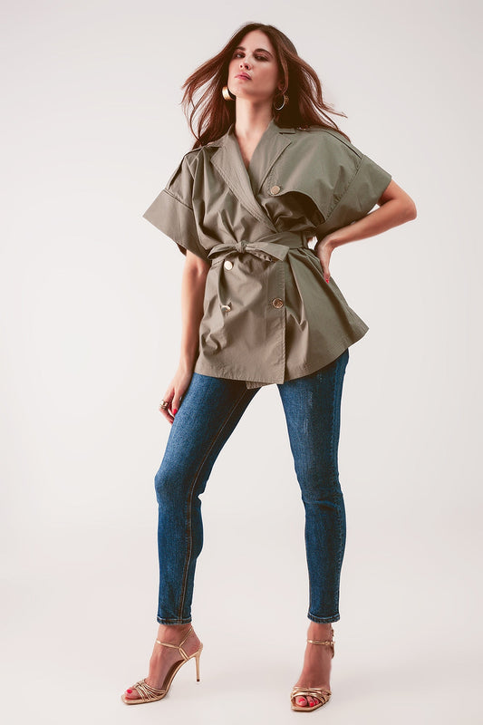 Belted Jacket With Drop Shoulder in Khaki-0