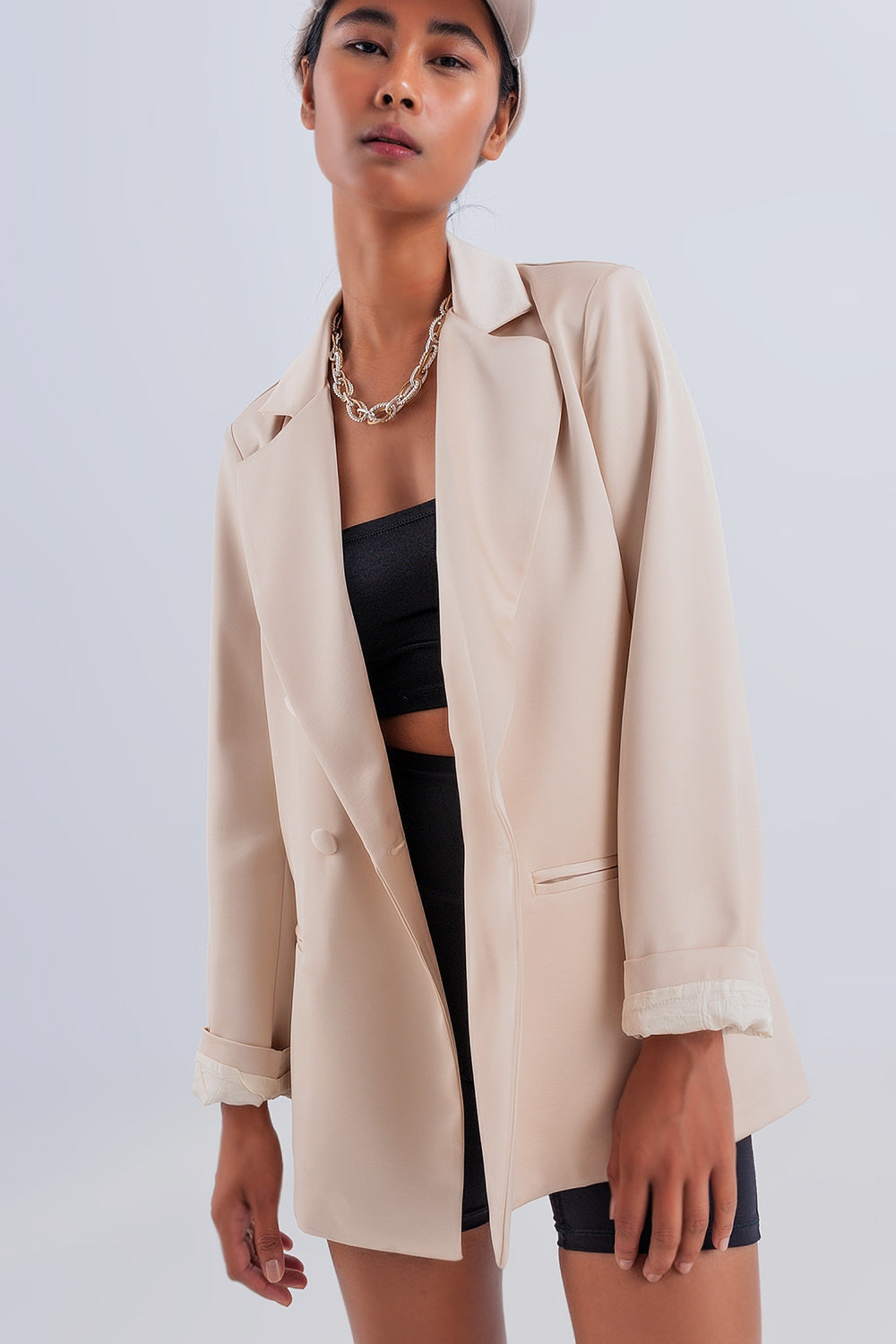 Double Breasted Satin Blazer in Beige-1